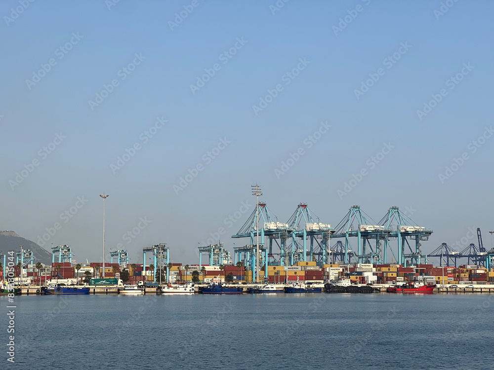 row of container terminal cranes, industrial port terminal