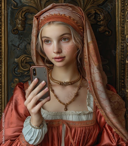 Woman dressed in Renaissance clothing inside a painting with a baroque golden frame takes a selfie with her cell phone. Old to new technology concept.