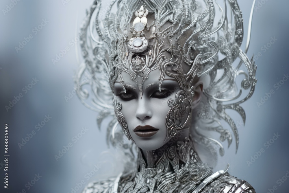 Enigmatic woman in a fantasy setting, adorned with a detailed silver headdress and icy makeup Enigmatic woman in a fantasy setting, adorned with a detailed silver headdress and icy makeup