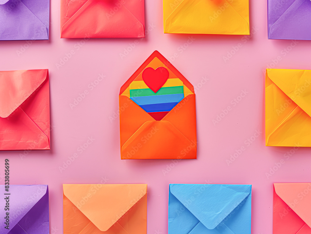 collection of brightly colored envelopes, including shades of orange, red, blue, and yellow, are elegantly arranged and slightly overlapping against a pink background. collection of brightly colored envelopes, including shades of orange, red, blue, and yellow, are elegantly arranged and slightly overlapping against a pink background.