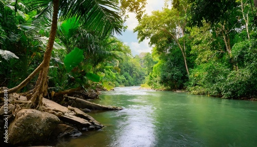 A tranquil river flowing through a dense jungle. AI generated