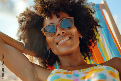 A beautiful stylish African American woman with curly hair in sunglasses on a deck chair next to pool at a tropical luxury resort. Summer vacation concept.