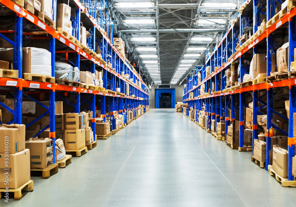 Warehouse lights illuminate rows of shelves. Warehouse lights illuminate rows of shelves.