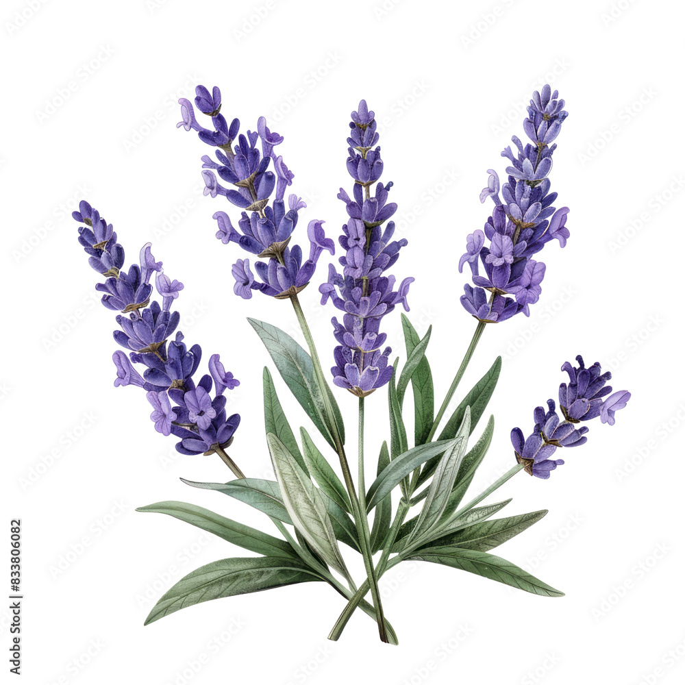 Fototapeta premium Bunch of lavender flowers isolated on white background in garden setting with tags
