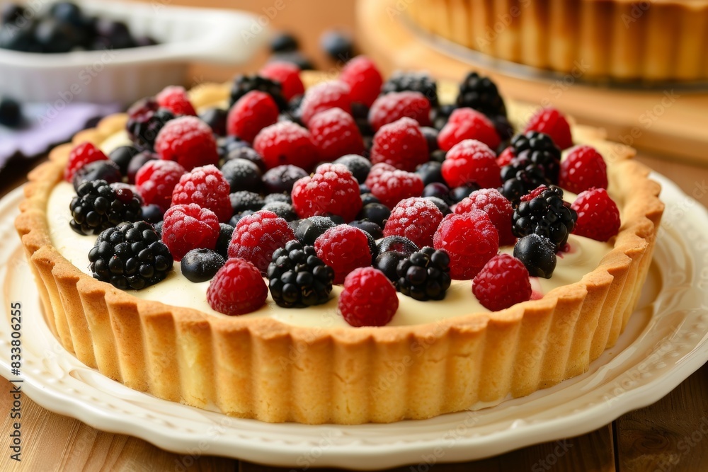 Fresh berry tart with creamy filling and assorted berries Fresh berry tart with creamy filling and assorted berries