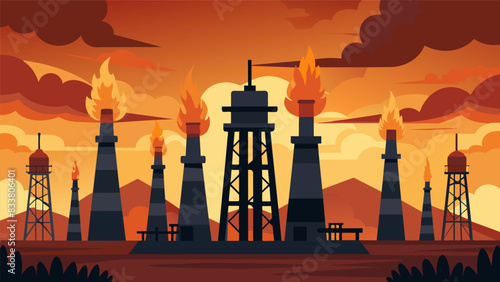 The imposing refinery towers stand tall in the midst of the oil fields surrounded by the chaotic flashes of flaring gas burning off excess resources.. Vector illustration