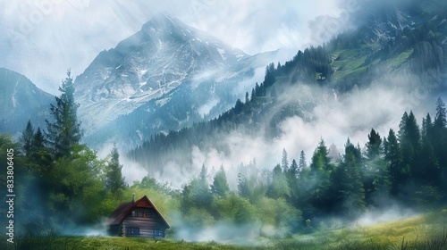 misty isolated mountain cabin in northern european countryside atmospheric rural landscape digital painting