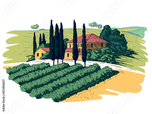 Countryside scenery in Tuscany, Italy. Handmade drawing vector illustration. Vintage style. Engraved old sketch style monochrome vector.