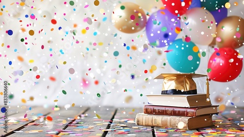Vibrant and Festive Graduation Background with Colorful Confetti and Balloons. A Stack of Books with Graduation Cap and Diploma on Polished Wooden Surface, Transitioning to Whitespace for Additions