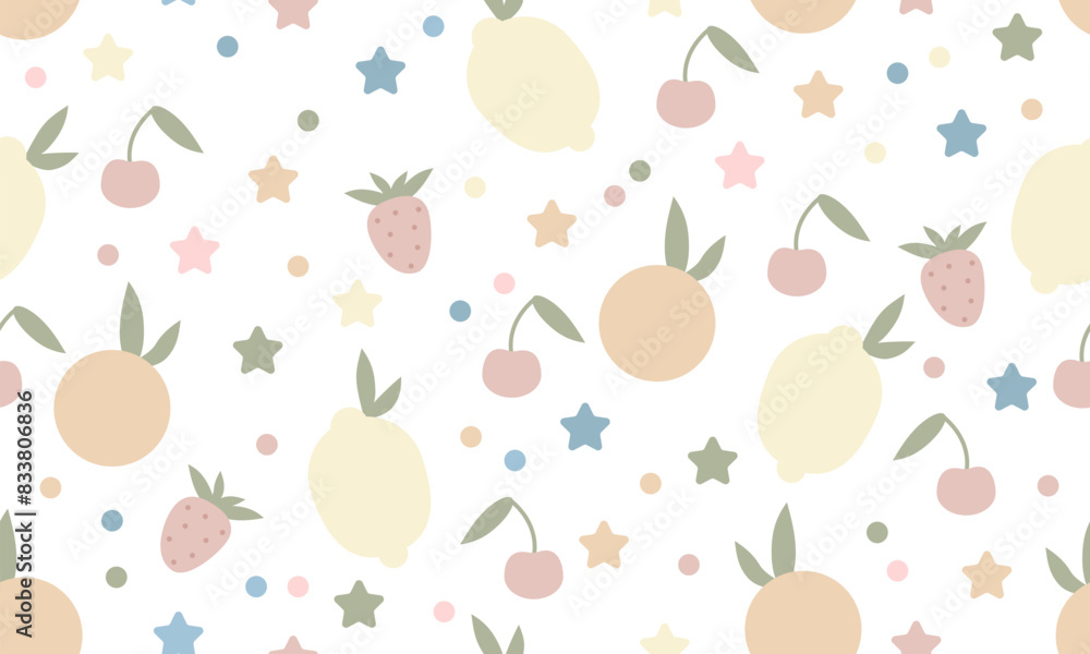 Colorful seamless pattern with fruits, berries and stars. Vector illustration Colorful seamless pattern with fruits, berries and stars. Vector illustration