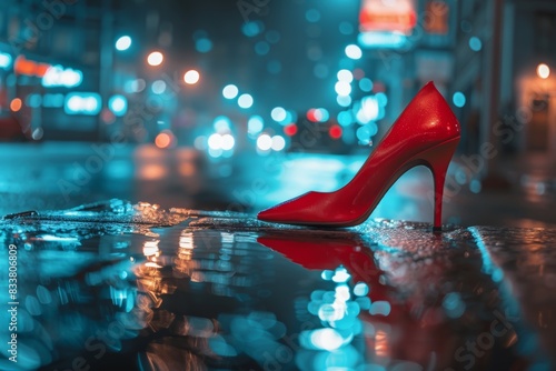 Red stiletto heel on wet city street at night photo