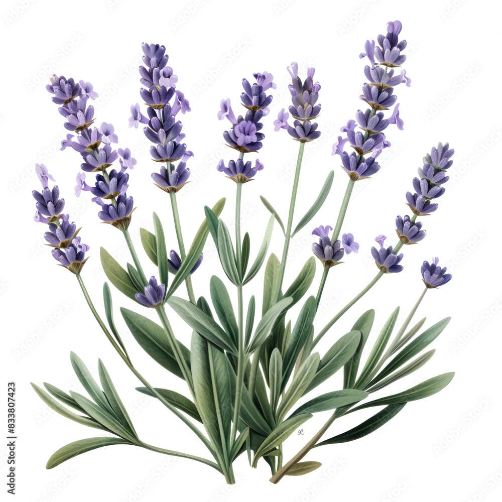 Obraz premium Bunch of lavender flowers isolated on white background in garden setting with tags flower, nature, lavender, 