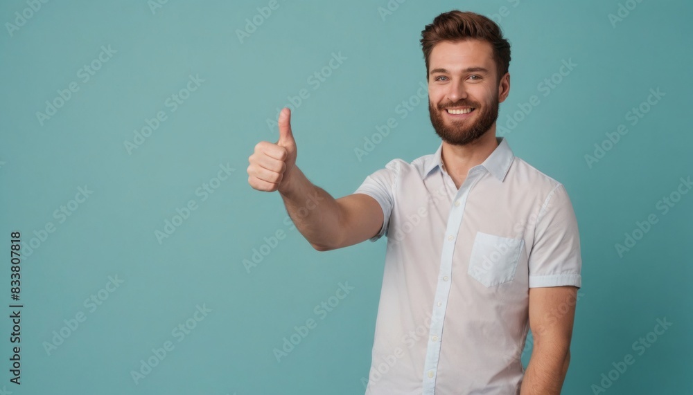 A man in casual clothing with a beaming smile, giving a thumbs up to express positivity or approval. A man in casual clothing with a beaming smile, giving a thumbs up to express positivity or approval.