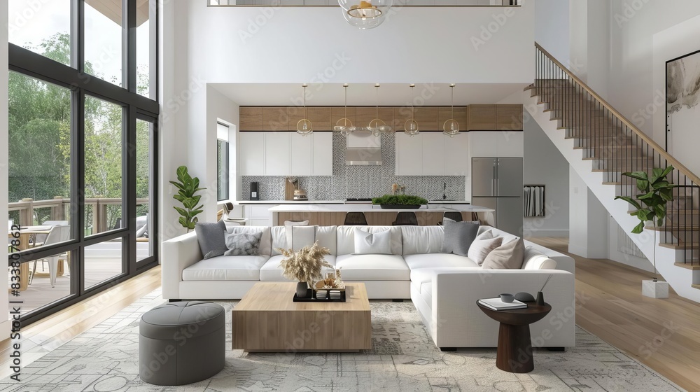 open concept luxury home living room with floating staircase and modern ...