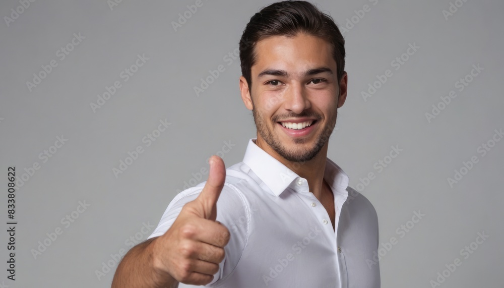 A smiling man with a light stubble giving a thumbs up and wearing a white shirt. Studio shot with a grey background. A smiling man with a light stubble giving a thumbs up and wearing a white shirt. Studio shot with a grey background.