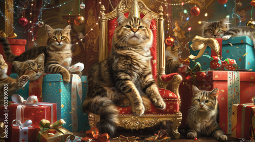 Adorable cats sitting on a throne and around Christmas presents, surrounded by festive decorations and holiday lights. Festive Cats Surrounded by Christmas Gifts

