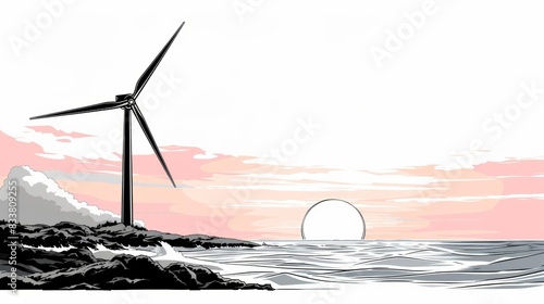 Aerial view of a minimalist wind farm over the ocean, soft pastel colors, flat minimalstyle illustration for an ecofriendly energy concept backdrop photo