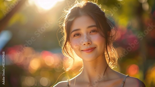 Thai Womans Gentle Smile Radiant in Sunlight photo