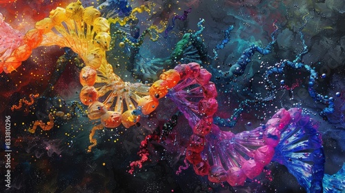 Colorful DNA Strands, Abstract representations of DNA strands in vibrant, dynamic colors
