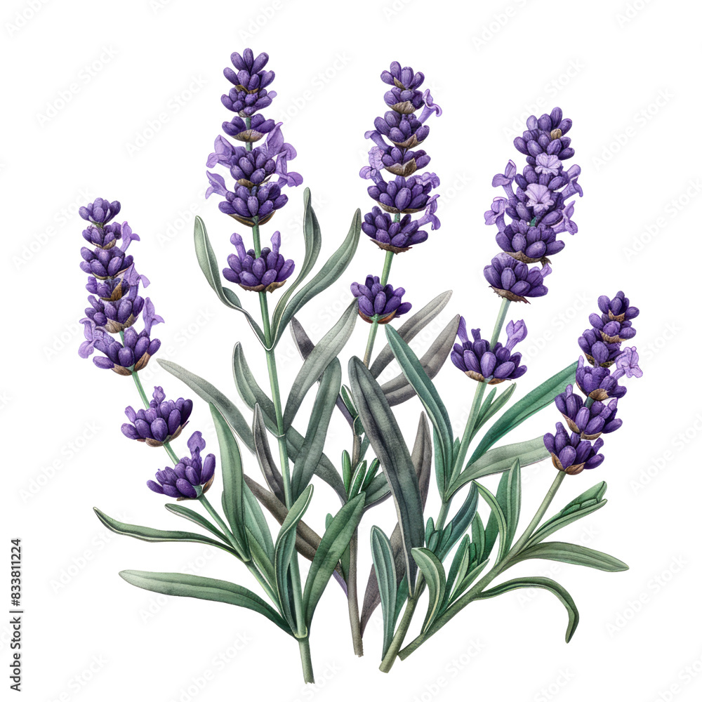 Obraz premium Lavender flowers isolated on white background with bunch of lavender, in a close-up view showcasing natural beauty and vibrant purple hues