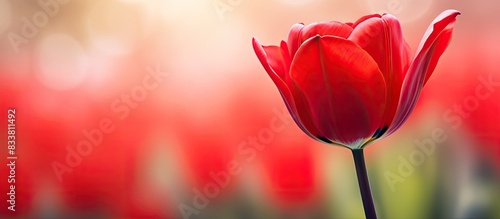 Macro shot of a vibrant red tulip with an open bloom in the foreground, displaying a beautifully blurred background with copy space image. #833811492