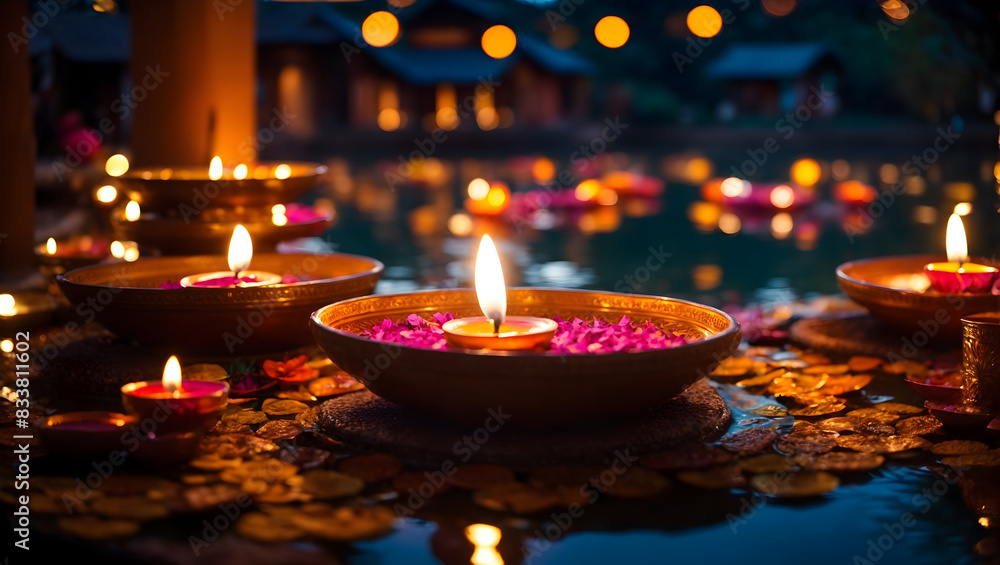 Obraz premium Diwali decoration with diya lamp featuring natural view likes pond and temple