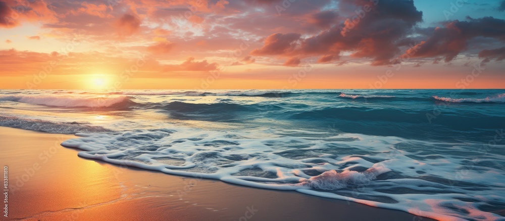 Fototapeta premium Sunset on the beach shore with a captivating view and ample copy space image available.