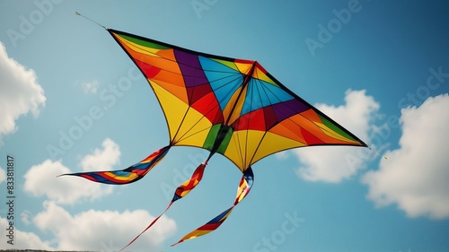 A Colorful Kite Flying in a Clear Blue Sky, Captured from a Low Angle to Emphasize the Height and Movement, Photographed in Hyperrealistic Cinematic Style