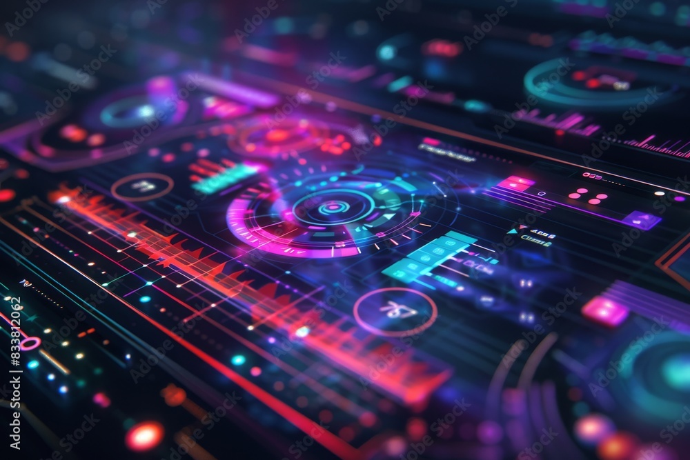 Design a futuristic holographic interface for a tech application, featuring sleek lines and vibrant colors Design a futuristic holographic interface for a tech application, featuring sleek lines and vibrant colors