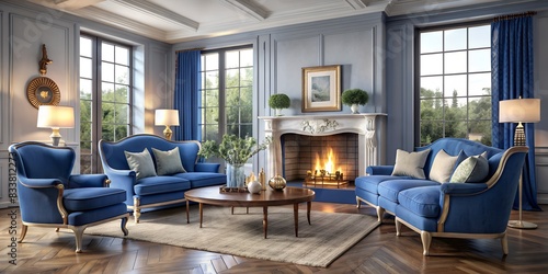 A respectable living room in a country house in light colour with accents of blue. Classic armchairs and a sofa in front of a burning fireplace. High ceilings, view windows, parquet. The modest charm.