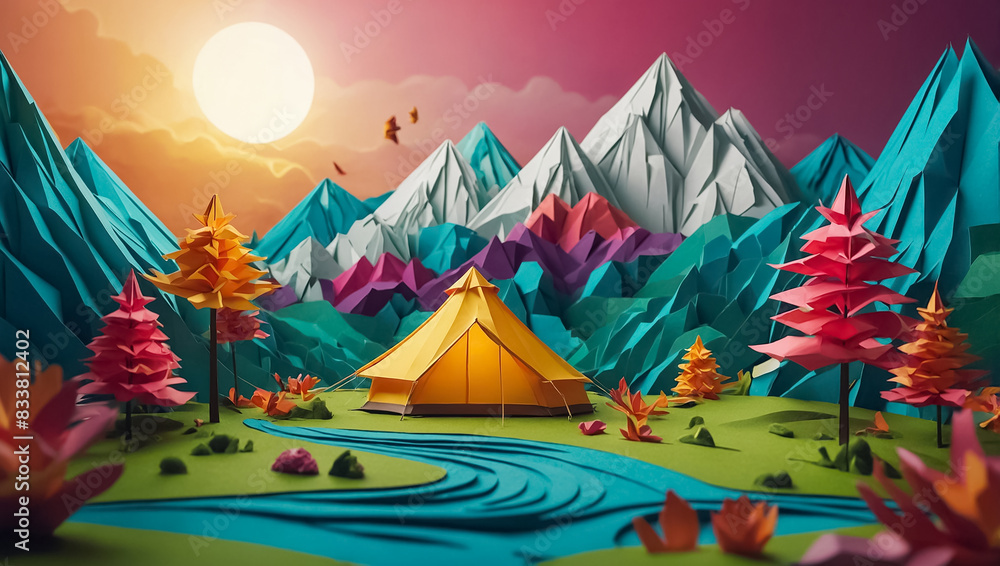 Tourist tent, mountains background, paper style Tourist tent, mountains background, paper style