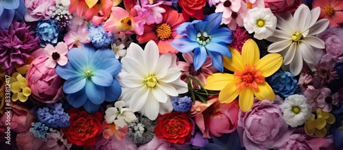 Colorful flowers displaying a variety of hues  in a copy space image.