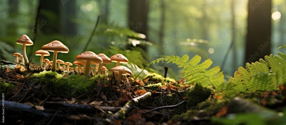 Forest ferns and delicious mushrooms make a delightful combination in a serene woodland setting, as shown in the copy space image. Forest ferns and delicious mushrooms make a delightful combination in a serene woodland setting, as shown in the copy space image.