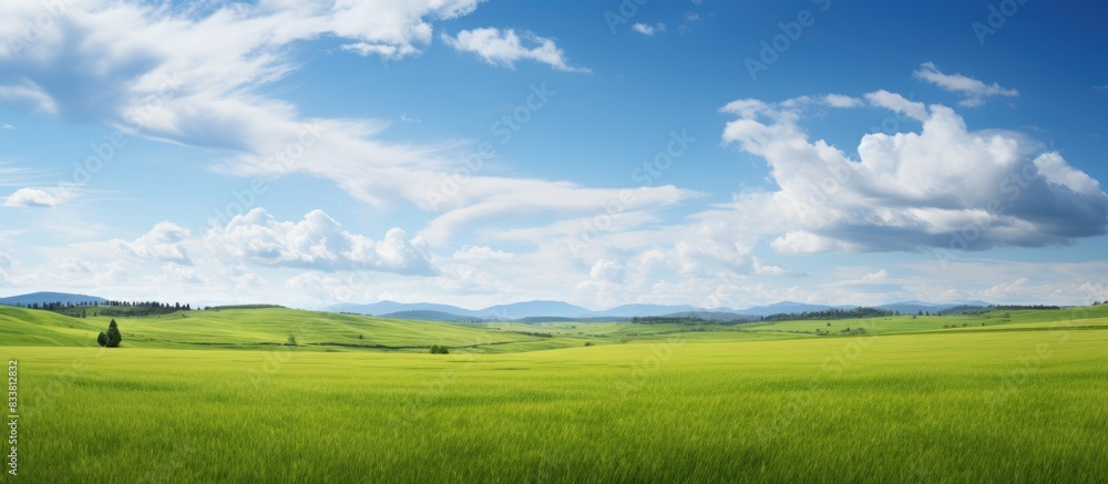 Landscape featuring a verdant green field with a vast expanse of open space providing ample room for composition with copy space image.