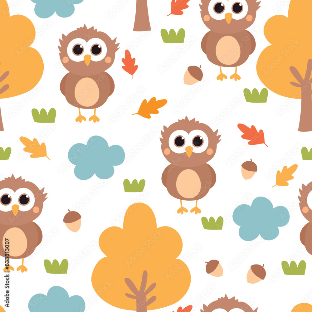 Obraz premium Fall background. Seamless pattern with cute owls, trees, acorns, clouds and leaves. Cute childish autumn texture. Vector illustration. 