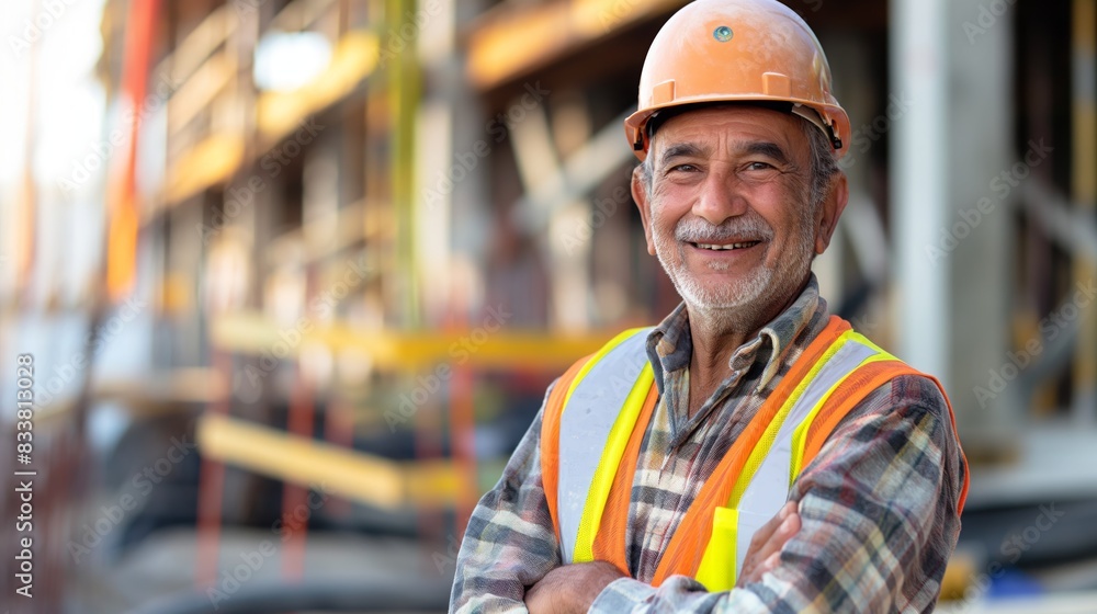 Smiling Middle Eastern Construction Worker in Safety Gear at Building Site for Industrial Campaigns, Advertisements, and Occupational Safety Promotions. Smiling Middle Eastern Construction Worker in Safety Gear at Building Site for Industrial Campaigns, Advertisements, and Occupational Safety Promotions.