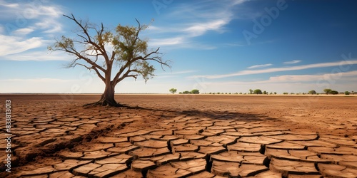 Desolate scene of parched earth with a withered tree in a drought. Concept Desolate, Parched Earth, Withered Tree, Drought, Nature Photography