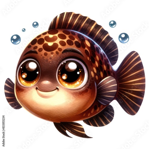 A Chocolate Cichlid fish with big, expressive, bright, and sparkling eyes that convey a happy and content emotion. The Chocolate Cichlid has a cute and lively appearance, swimming photo