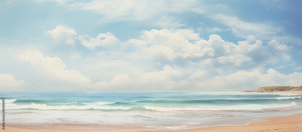Fototapeta premium Surf gently meeting the sandy shore against the scenic horizon in a copy space image.
