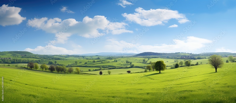 Naklejka premium A tranquil meadow with the countryside in the background, revealing vast farm fields - with copy space image.