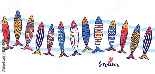 Vector poster with cute sardine. Cute illustration. Interior poster