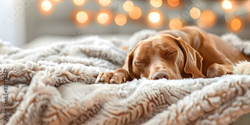 Hungarian Vizsla dog enjoying a cozy blanket at home. Concept Pet Portraits, Cozy Home, Joyful Dogs, Furry Friends, Warm Blankets photo