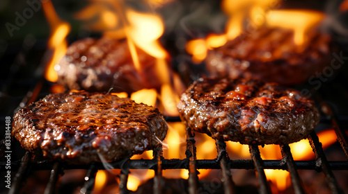 Juicy grilled beef burger meat patties sizzling on the barbecue with fire photo