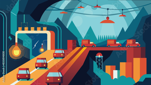 The hum of ventilation fans and the flickering lights of underground vehicles moving through the vast network of tunnels all in the pursuit of coal.. Vector illustration