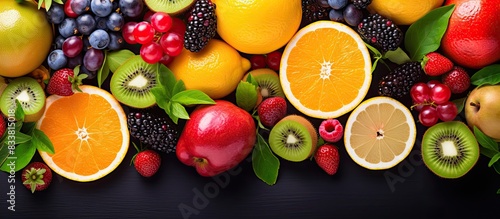 Fototapeta Naklejka Na Ścianę i Meble -  Vibrant assortment of fresh summer fruits creates a colorful organic food backdrop with copy space image.
