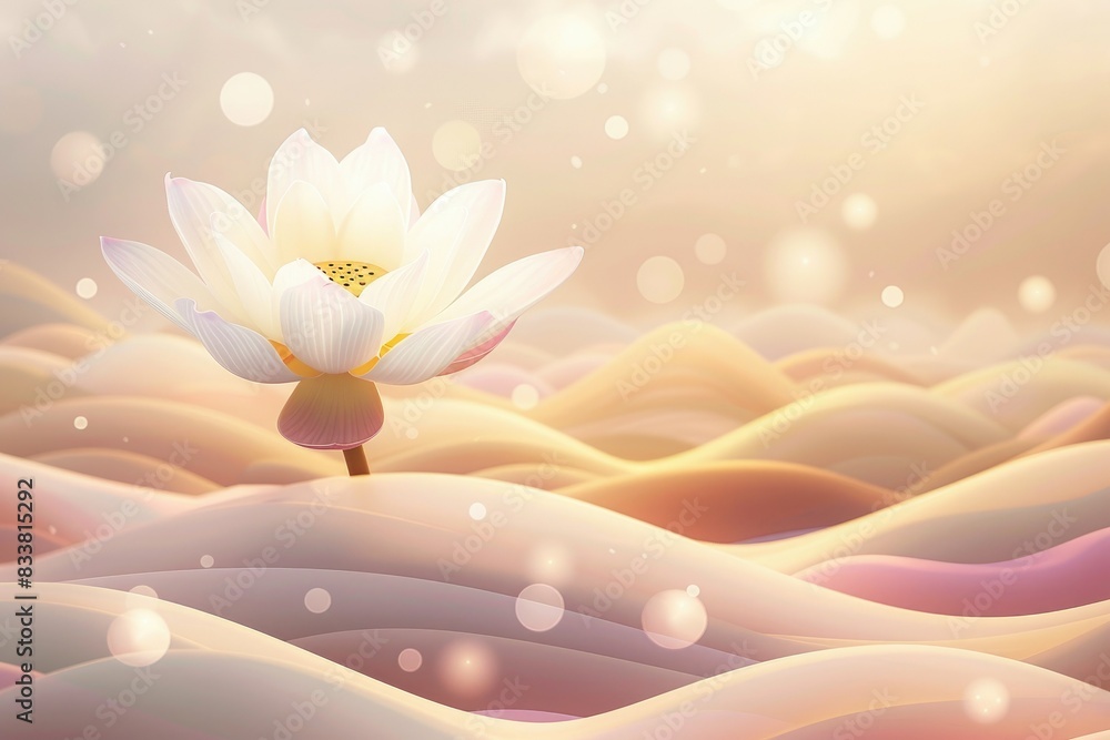 Fototapeta premium A lotus flower set against a dreamy, abstract landscape of pastel hills and floating shapes