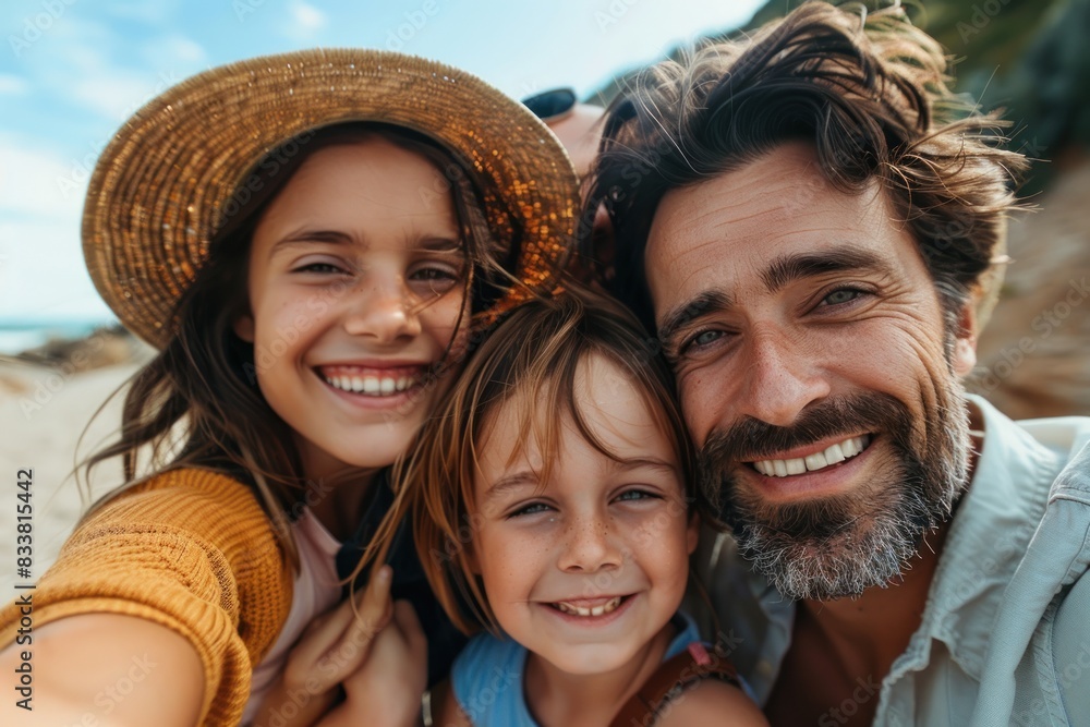 Fototapeta premium A close-up of a family taking a selfie at an iconic landmark during their vacation. The parents and children are beaming with happiness, capturing a memorable moment together. This image highlights
