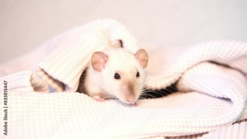 White domestic rat stands on woolen sweater with curious look. Favorite pets concept. White domestic rat stands on woolen sweater with curious look. Favorite pets concept.