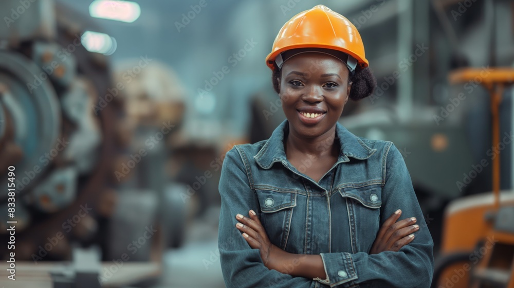 Young African Woman Engineer Smiling Confidently in Industrial Setting, Diverse Workforce, Professional Attire, Hard Hat, Denim Jacket, Industrial Background Young African Woman Engineer Smiling Confidently in Industrial Setting, Diverse Workforce, Professional Attire, Hard Hat, Denim Jacket, Industrial Background