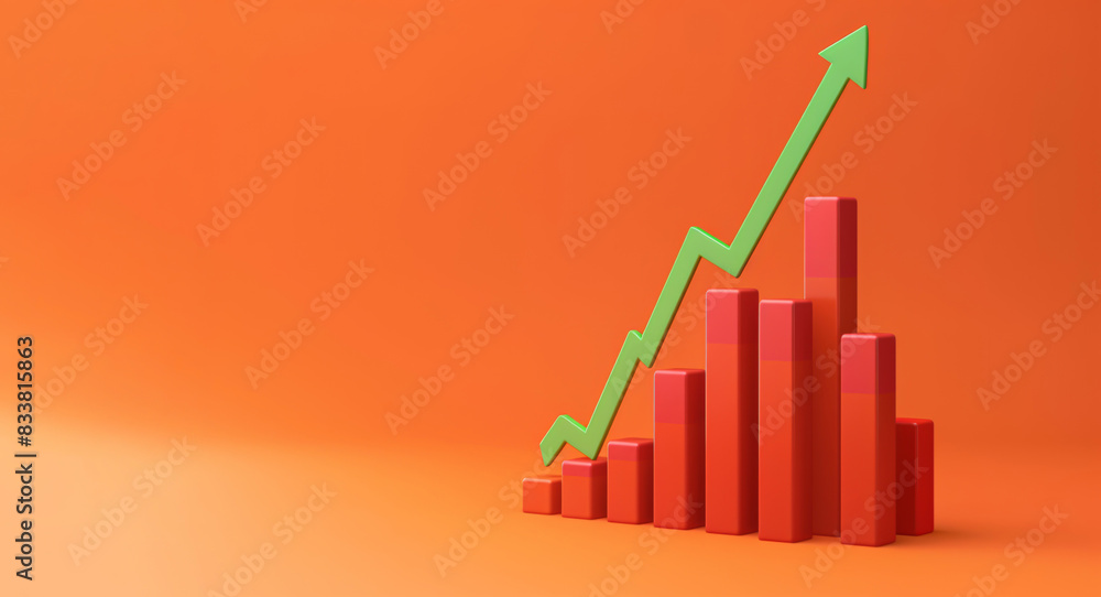 A green arrow graph rising on a red bar chart against an orange background. Ideal for business growth, success, and positive trends. A green arrow graph rising on a red bar chart against an orange background. Ideal for business growth, success, and positive trends.